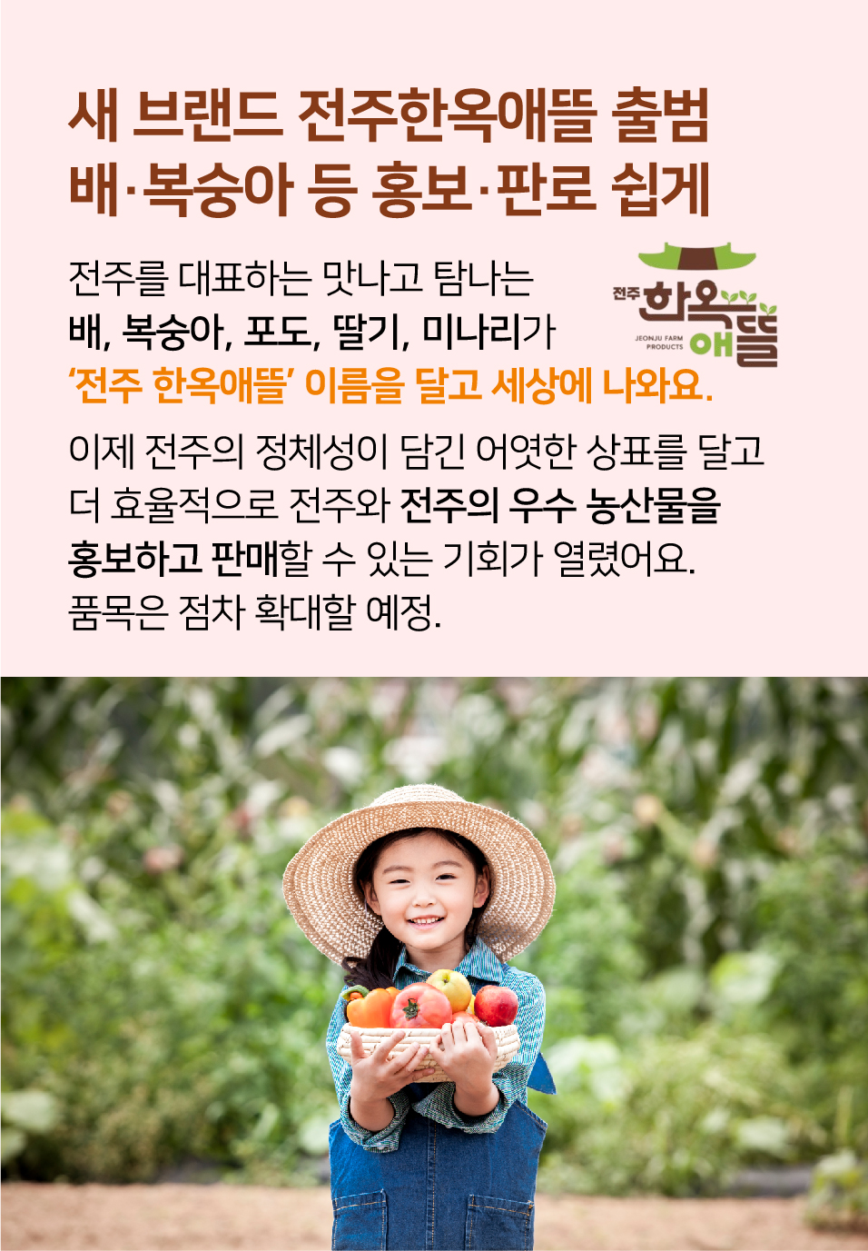 새 브랜드 전주한옥애뜰 출범 배·복숭아 등 홍보·판로 쉽게. 전주를 대표하는 맛나고 탐나는 배, 복숭아, 포도, 딸기, 미나리가 ‘전주 한옥애뜰’ 이름을 달고 세상에 나와요. 이제 전주의 정체성이 담긴 어엿한 상표를 달고 더 효율적으로 전주와 전주의 우수 농산물을 홍보하고 판매할 수 있는 기회가 열렸어요. 품목은 점차 확대할 예정.